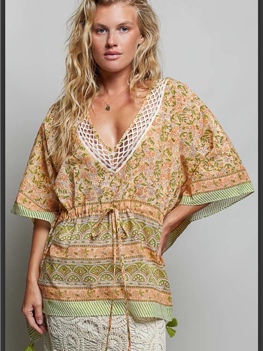 POL Artisanal Hand Block Print Floral Tassel Boho Blouse Coral Multi NWT